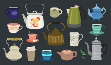 Koyu arkaplanda çaydanlıkları ve fincanları olan renk çizimleri.