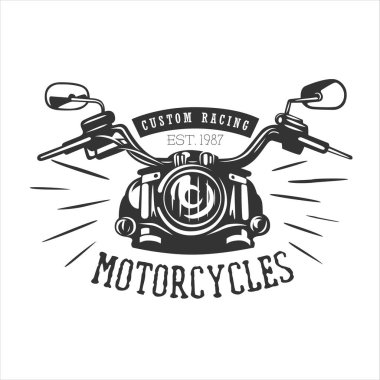 Motosiklet logosu, klasik illüstrasyon. Yarış motosiklet çizimi, tasarım elementleri. Siyah ve beyaz vektör çizimi.