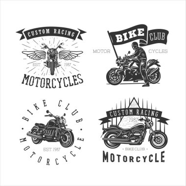 Motosiklet logosu, klasik illüstrasyon. Siyah ve beyaz vektör çizimleri.
