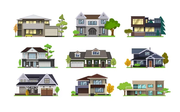 Set of color illustrations with houses on white background.