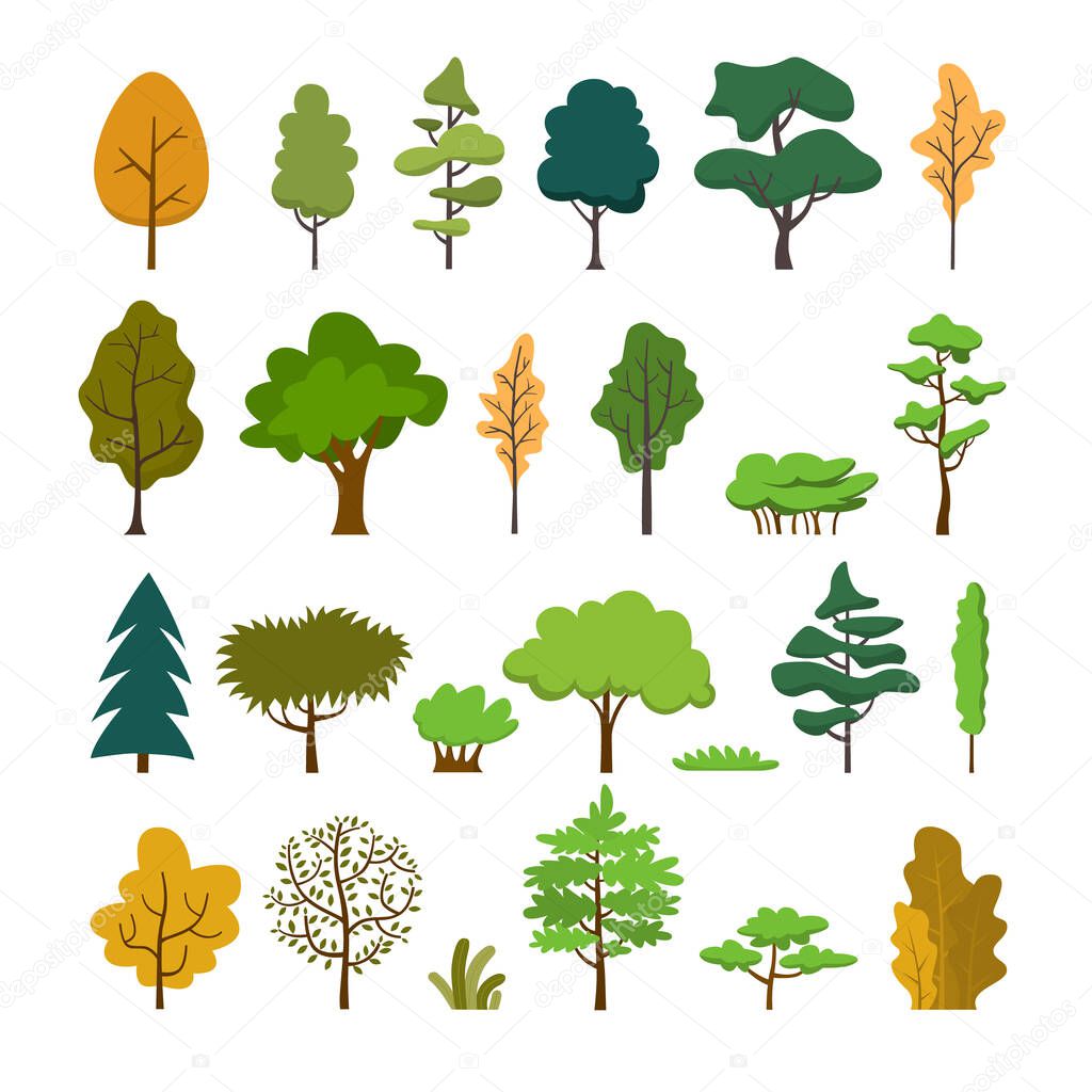 Set of color illustrations with trees on white background.