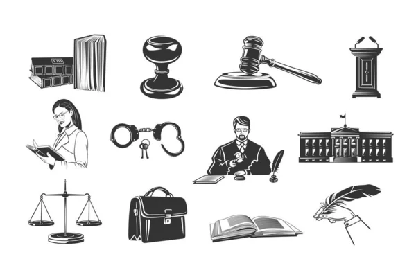 Conjunto Ilustraciones Sobre Tema Juzgar Justicia Derecho Ilustración Blanco Negro — Foto de Stock