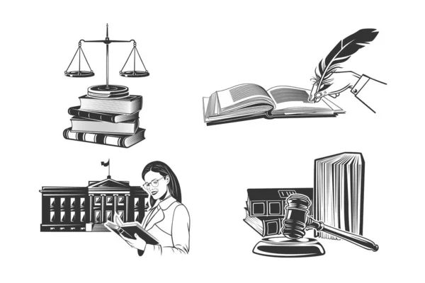 Conjunto Ilustrações Sobre Tema Juiz Justiça Direito Ilustração Preto Branco — Fotografia de Stock