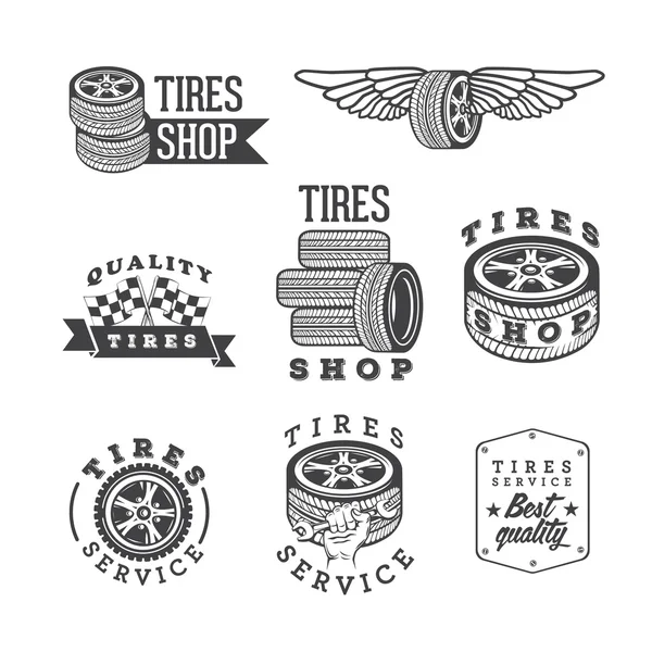 Conjunto de lojas de pneus e emblemas de serviço — Vetor de Stock