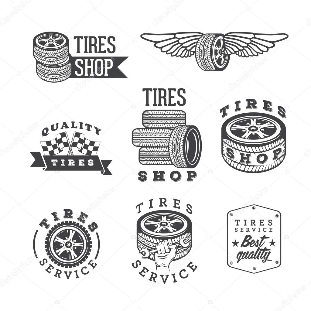 Set of tires shops and service emblems