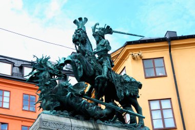 Stockholm. Eski heykel şehrin sembolü temsil eden -