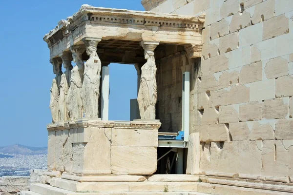 Erechtheion Med Berömda Karyatider Akropolis Kulle Atens Historiska Centrum Attika — Stockfoto