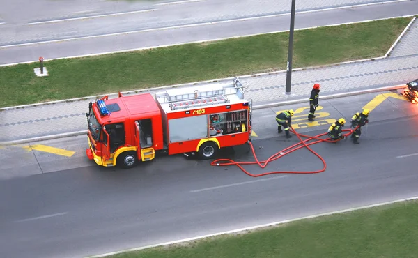 Fire drill with four man who fight with the fire — Stock Photo, Image