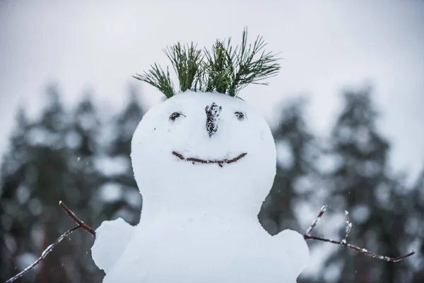 Funny snowman. Making a snowman, first snow. — Stock Photo, Image
