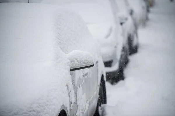 Parked cars covered with snow in winter blizzard