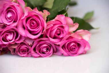 Beyaz arka planda pembe gül buketi. Çiçek arkaplanı. Anneler günü, düğün ve doğum günü konsepti. Boşluğu kopyala
