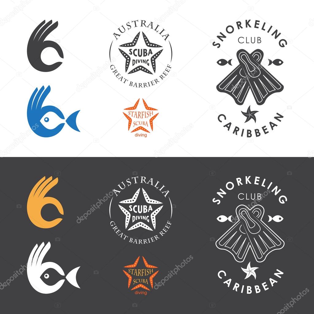 Snorkeling club emblems. Vector illustration with a hand, starfish and flippers. Logo and emblem template for snorkeling club.