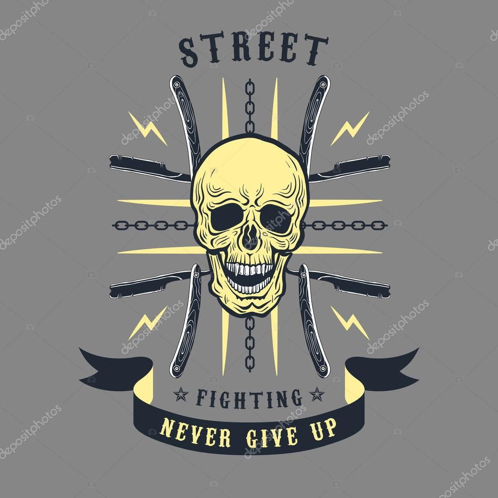 Colored vector illustration street fighting club emblem. The skull on the background of the cross of razors and chains.