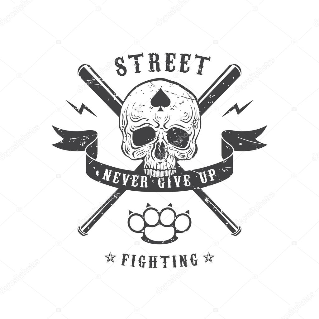 Monochrome vector illustration street fighting club emblem. The skull on a background with crossed baseball bats and brass knuckles. Ribbon with the inscription: Never give up.