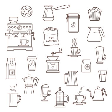 Kahve anahat vektör Icon set