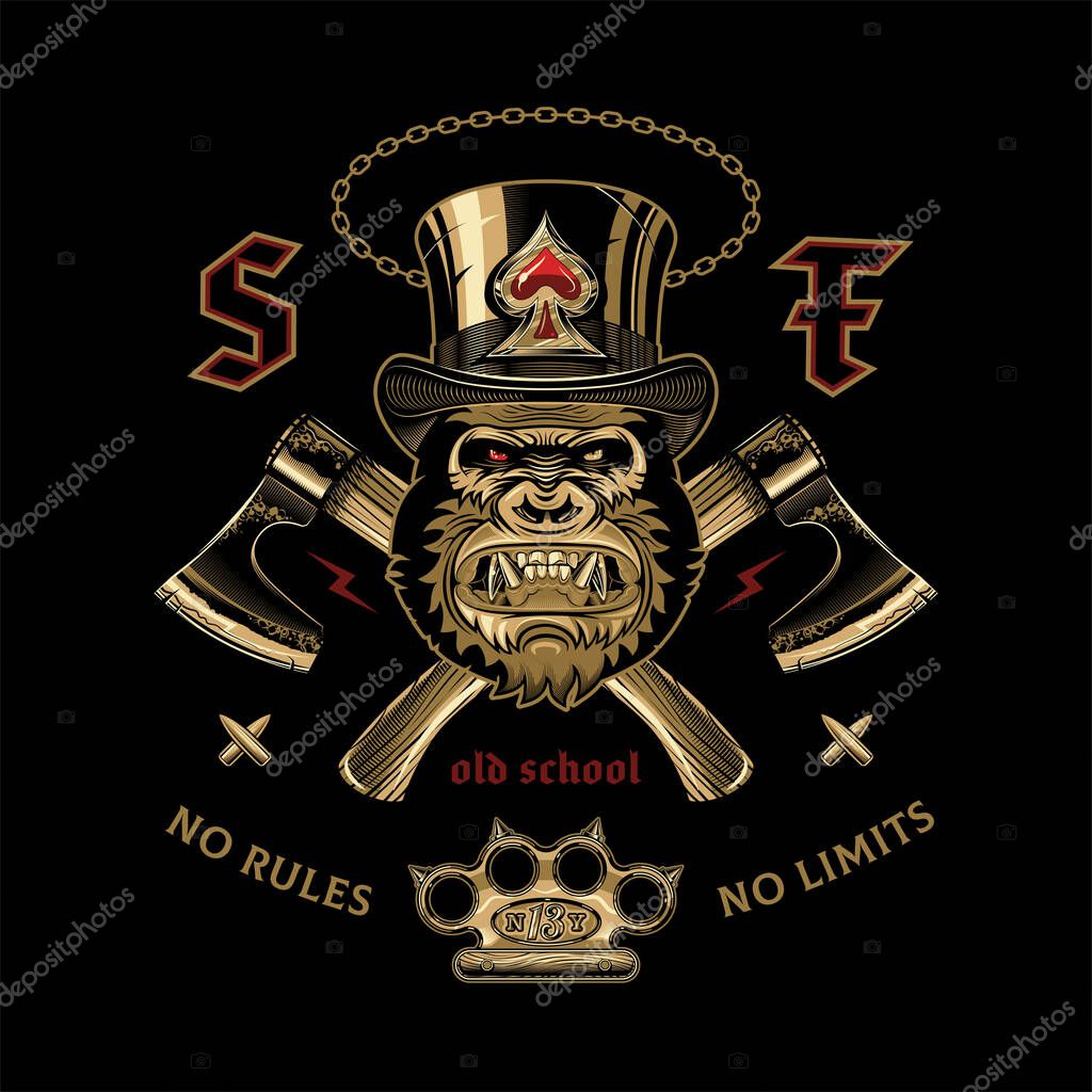 Vector emblem or banner with a gorilla in a top hat, two axes, brass knuckles and an inscription No rules, no limits. Suitable for clothing, t-shirt design.