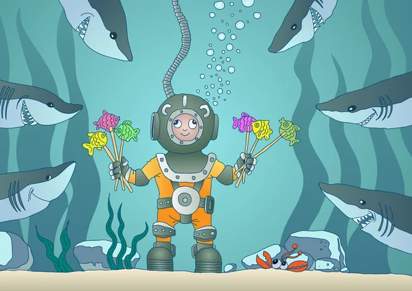 Chico buceador y tiburones bajo el agua — Vector de stock