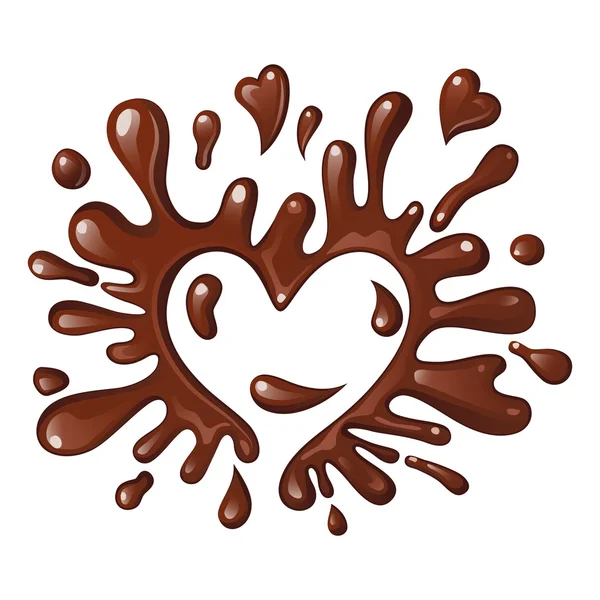 Salpicos e gotas de chocolate na forma de um coração —  Vetores de Stock