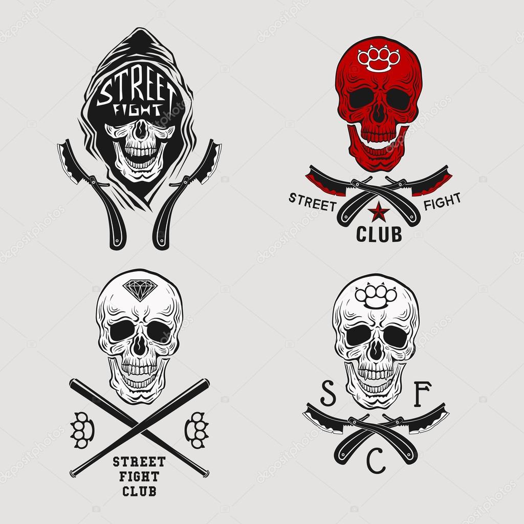 Vector illustration street fight emblem with skull, brass knuckles and straight razor.