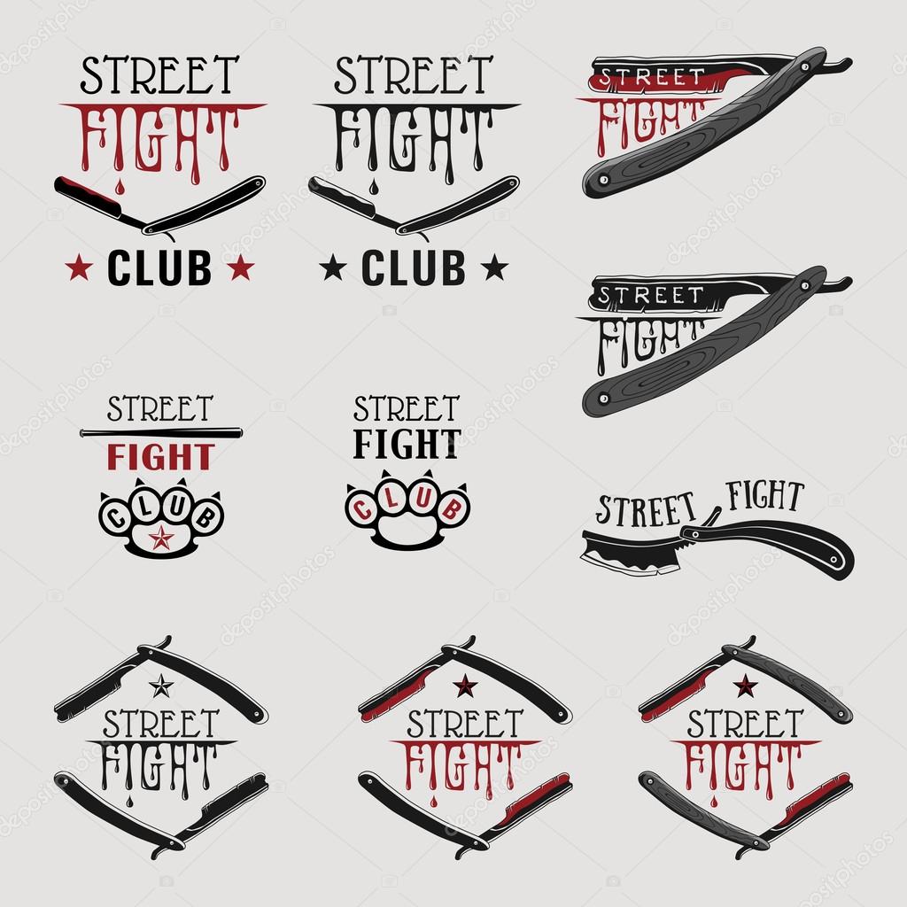 Vector illustration street fight emblem with brass knuckles and straight razor.