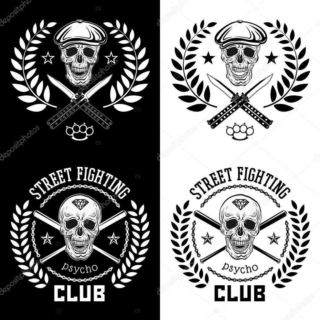 Vector illustration street fighting club emblem with skull, brass knuckles, bats, knives, chain and cap.