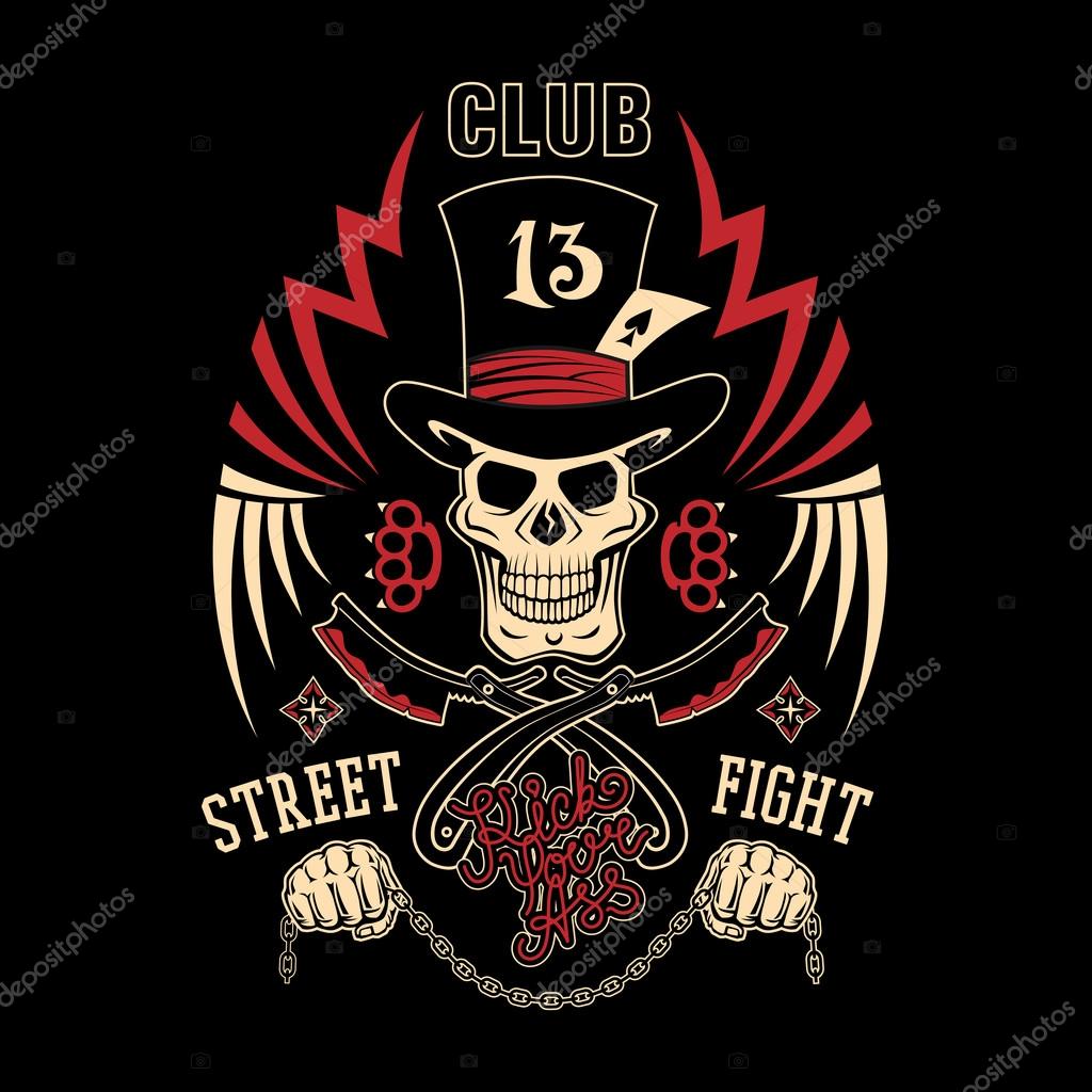 Colored vector illustration street fighting club emblem with cylinder hat, skull, brass knuckles, razors, stars and inscription. 