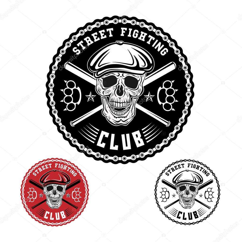Vector illustration street fighting club emblem with skull, brass knuckles, bats, chain and cap.