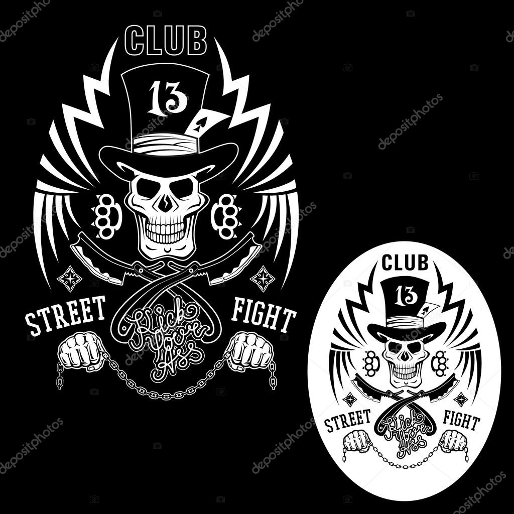Black-white vector illustration street fighting club emblem with cylinder hat, skull, brass knuckles, razors, stars and inscription. 