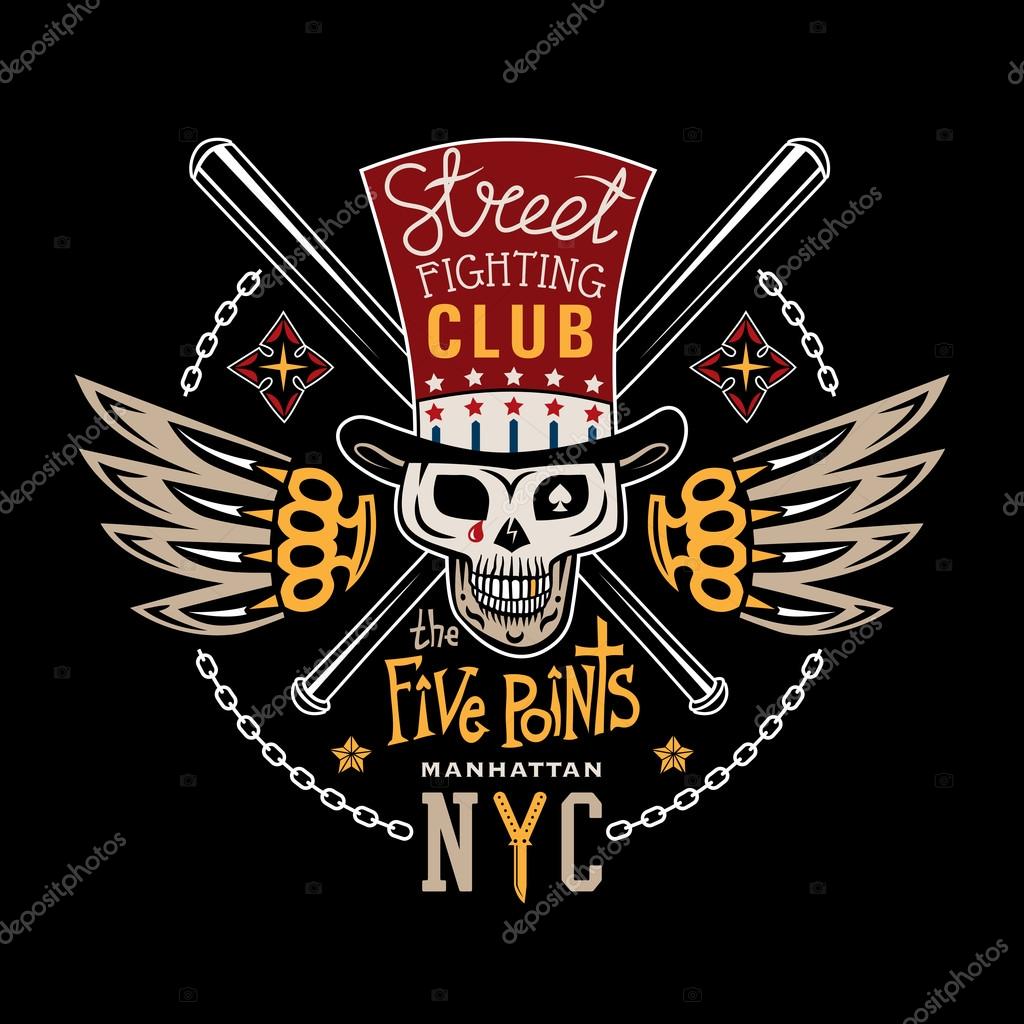 Colored vector illustration street fighting club emblem with cylinder hat, skull, brass knuckles, bats, stars and inscription. 