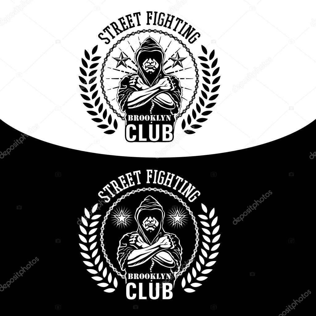 Vector illustration street fighting club emblem with fighter, chain and wreath.