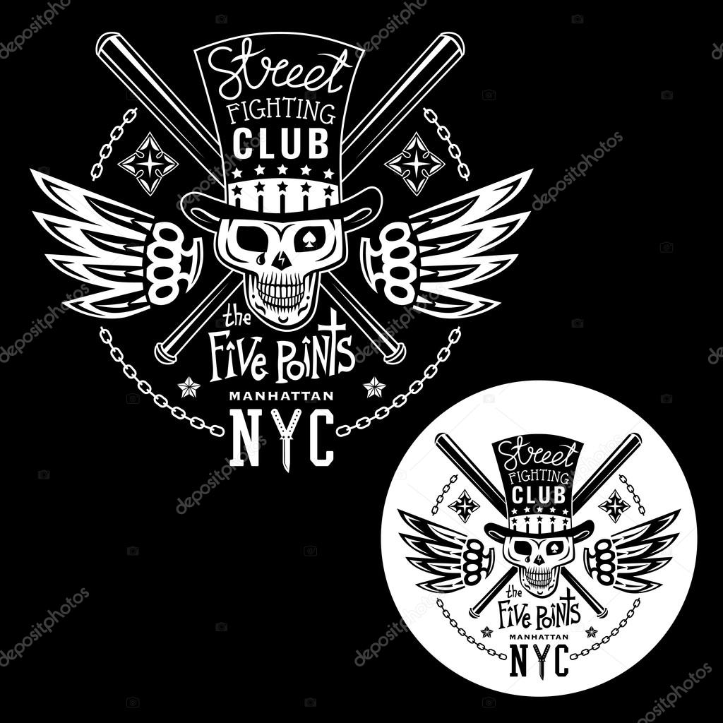 Black-white vector illustration street fighting club emblem with cylinder hat, skull, brass knuckles, bats, stars and inscription. 