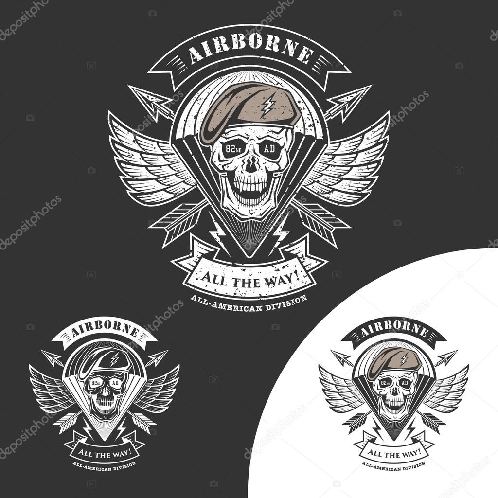 Airborne vector emblem with skull, arrows, wings and parachute.