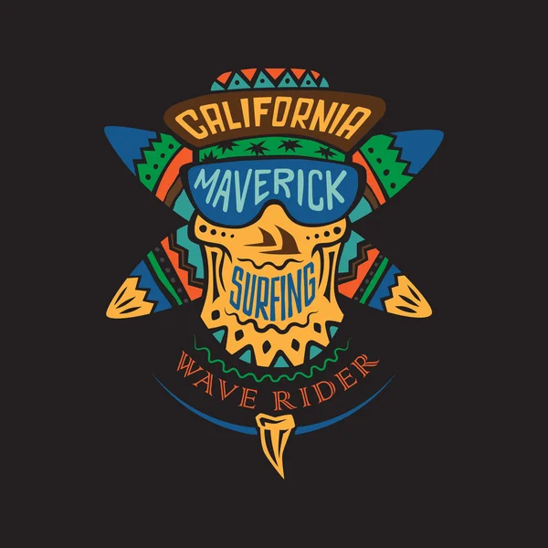 Surfing skull maverick color — Stock Vector