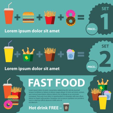 Fast food düz afiş kümesi