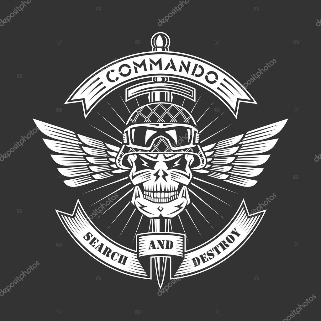 Military vector emblem with skull, ribbons, wings, dagger and helmet.