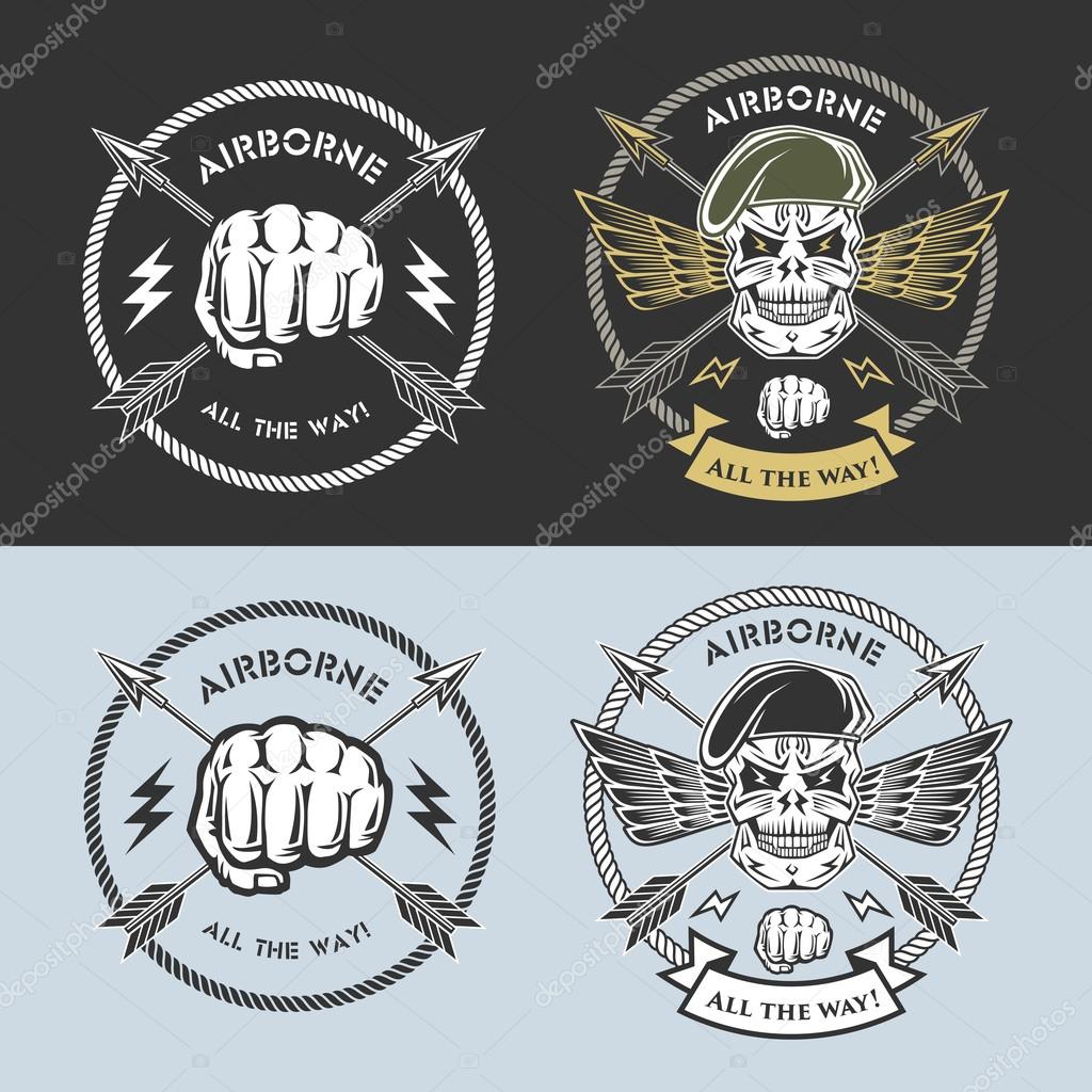 Airborne vector emblems with skull, arrows, wings, beret and fist.