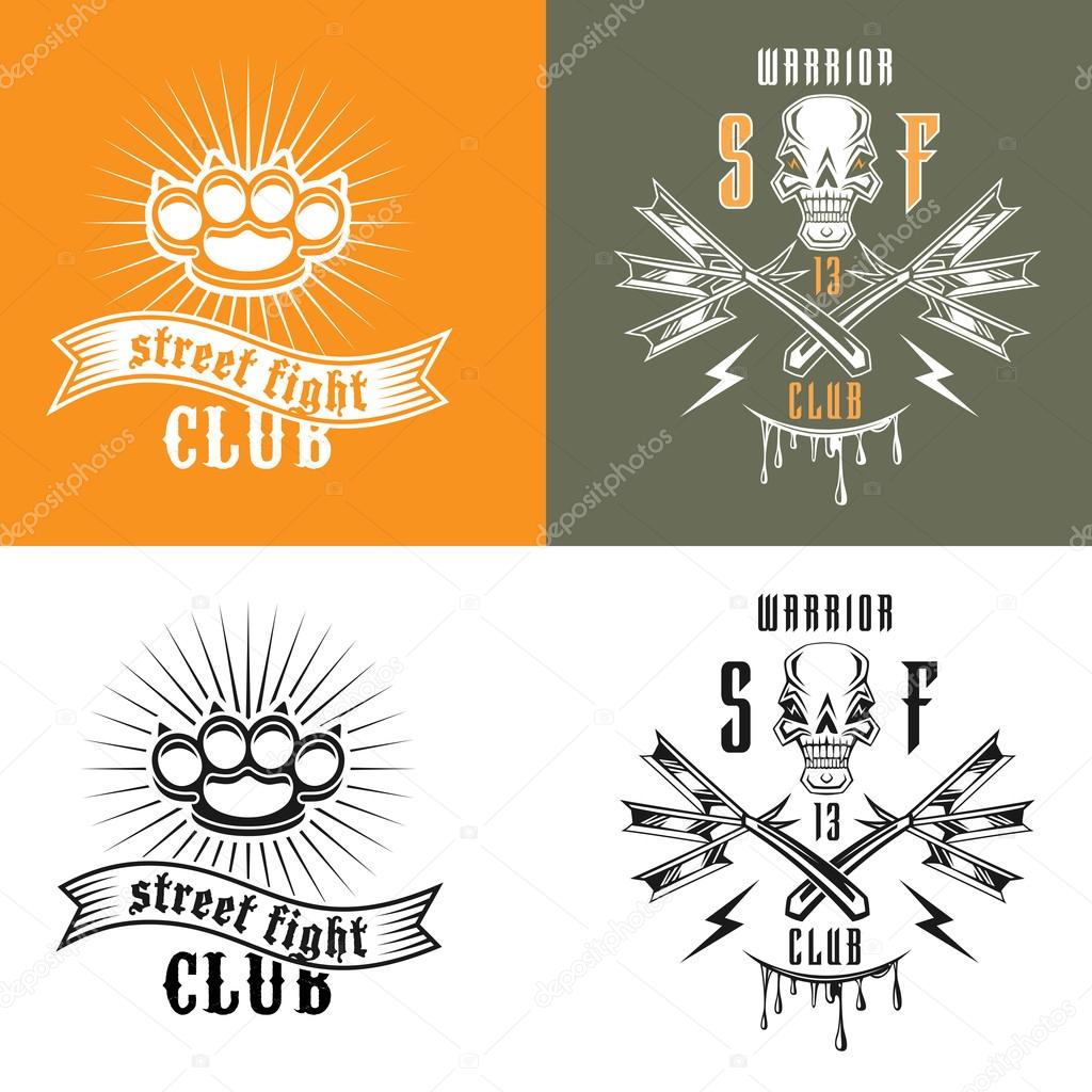 Vector illustration street fighting club emblems with skull, brass knuckles, razors and inscription. 