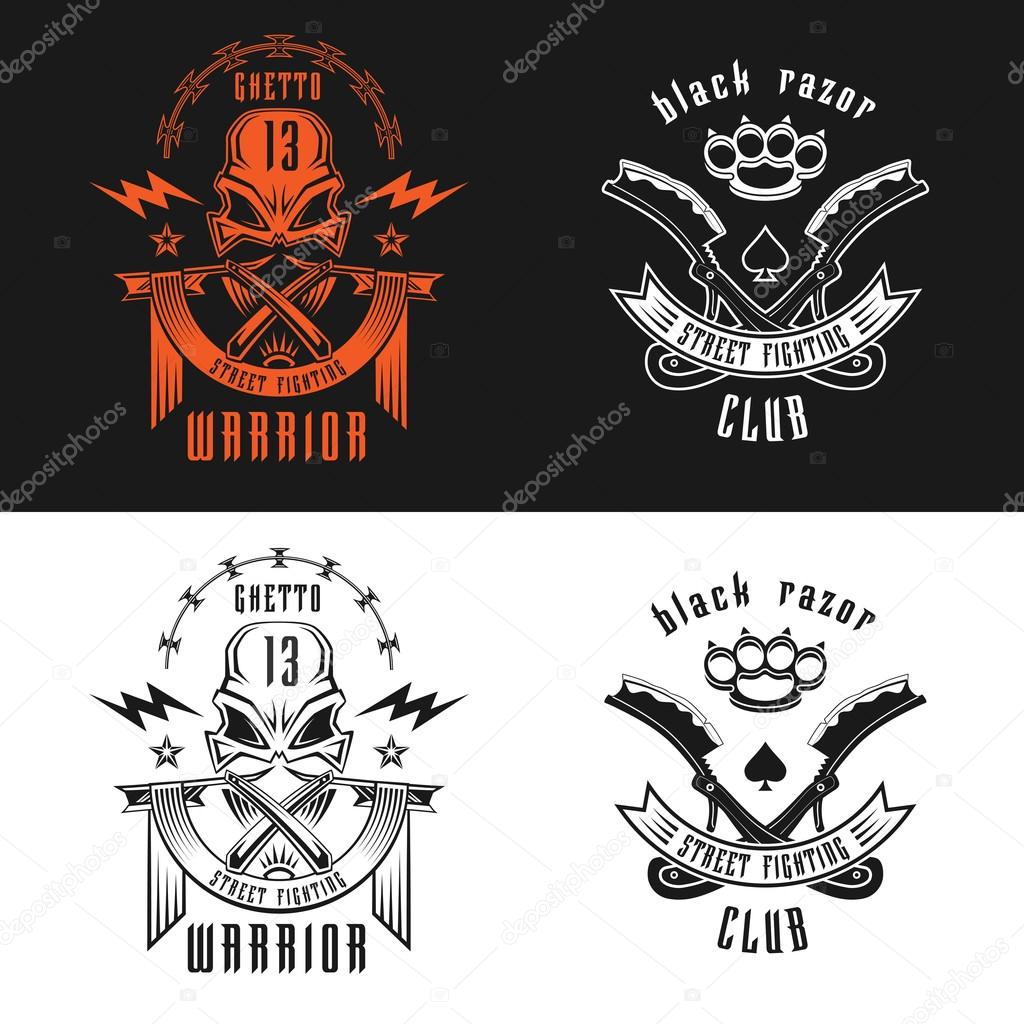 Vector illustration street fighting club emblems with skull, brass knuckles, razors, stars and inscription. 