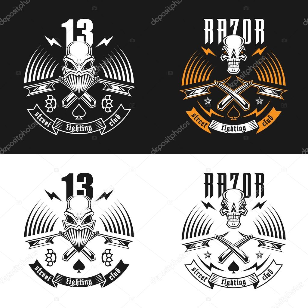 Vector illustration street fighting club emblem with skull, brass knuckles, razors, stars and inscription. 