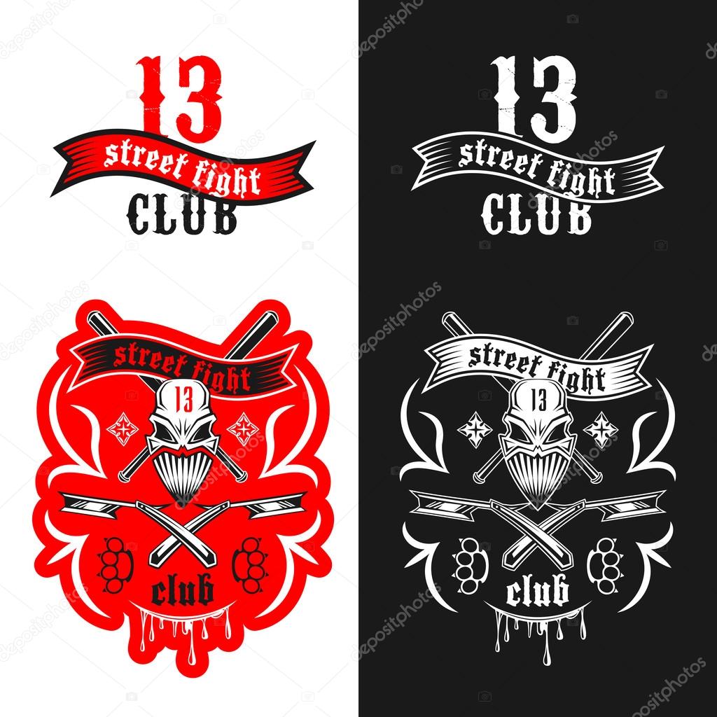 Vector illustration street fighting club emblem with skull, brass knuckles, razors, stars and inscription. 
