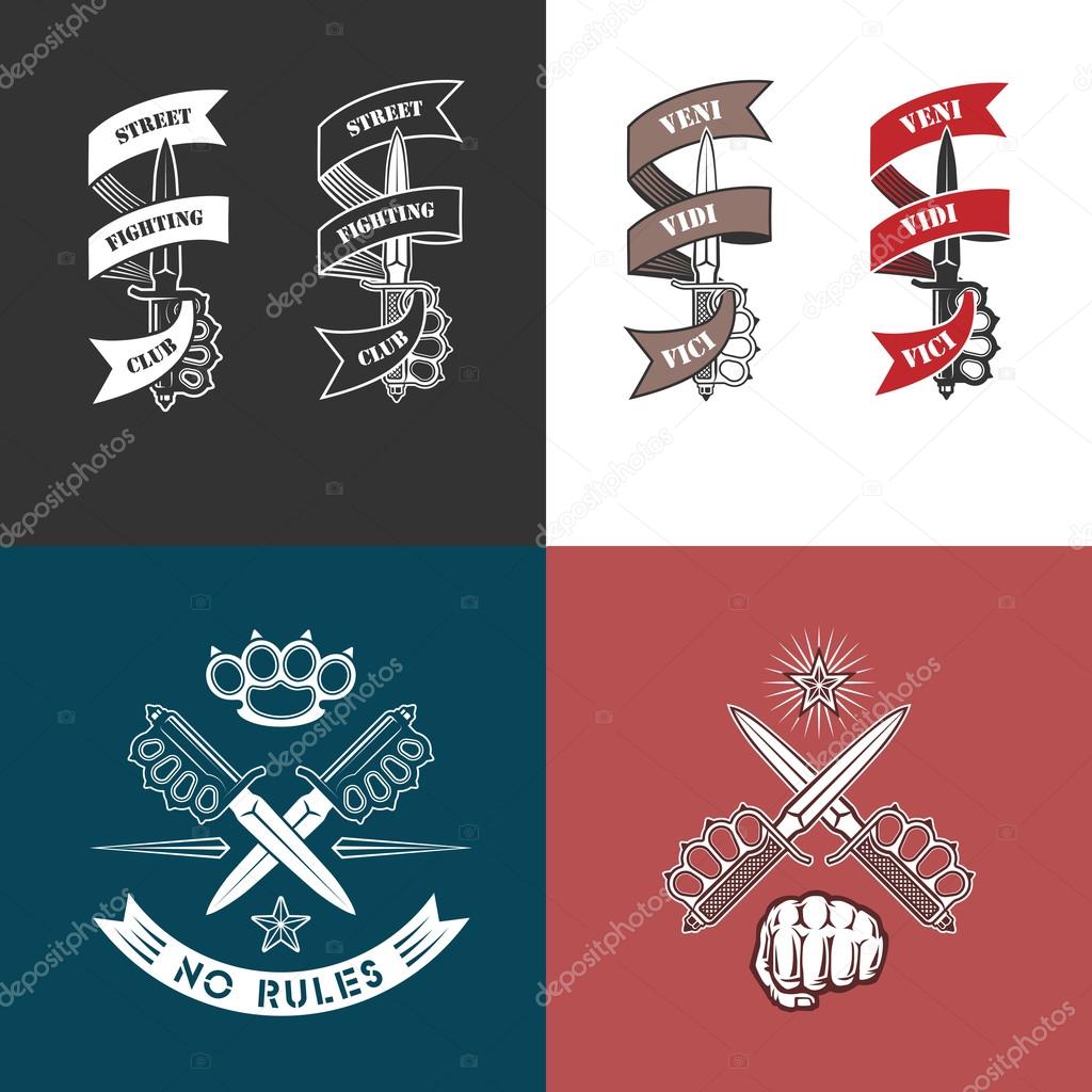 Vector illustration street fighting club emblems with fist, knife, brass knuckles, stars and inscriptions. 