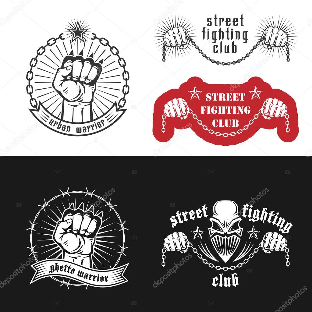 Vector illustration street fighting club emblems with skull, brass knuckles, stars and inscriptions. 
