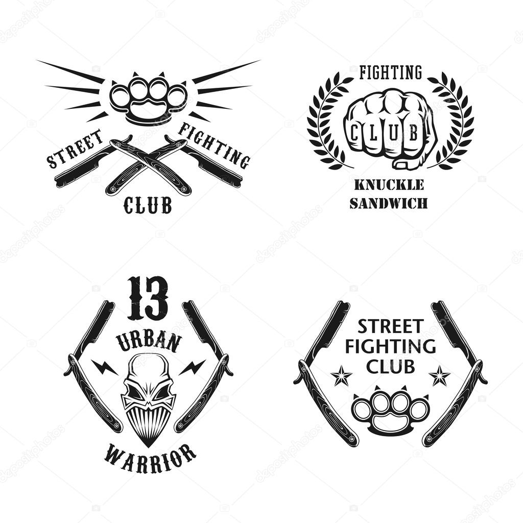 Vector illustration street fighting club emblems with skull, fist, razor, brass knuckles and inscriptions. 