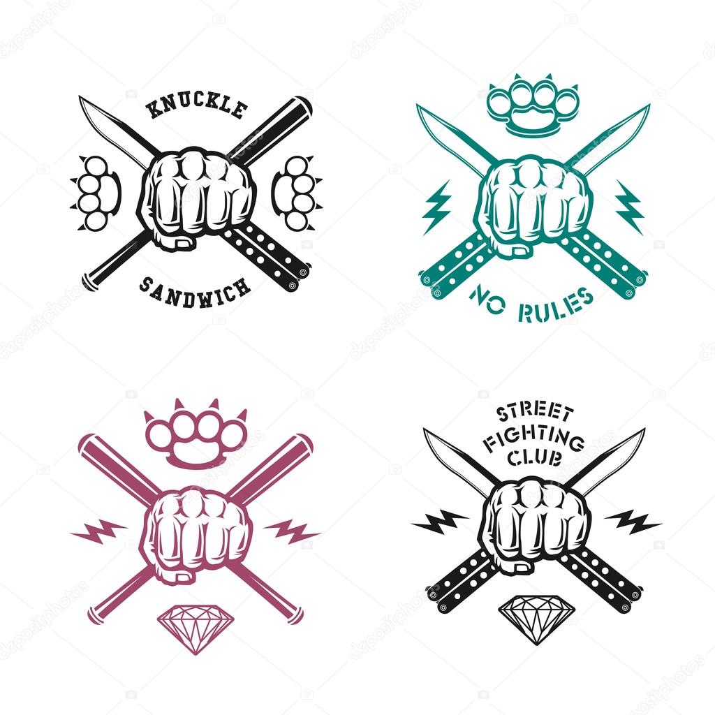 Vector illustration street fighting club emblems with fist, knife, brass knuckles, bits and inscriptions. 