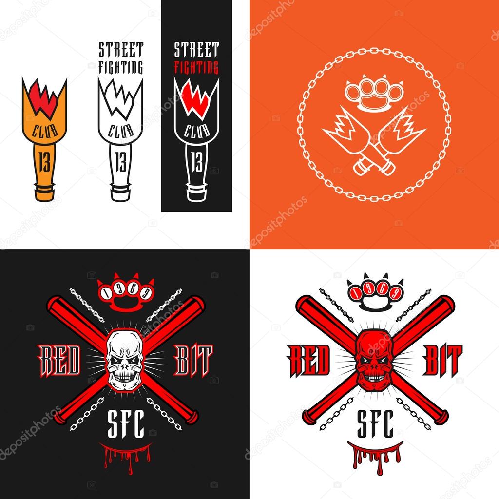 Vector illustration street fighting club emblems with broken bottle, skull, bits, brass knuckles and inscriptions. 