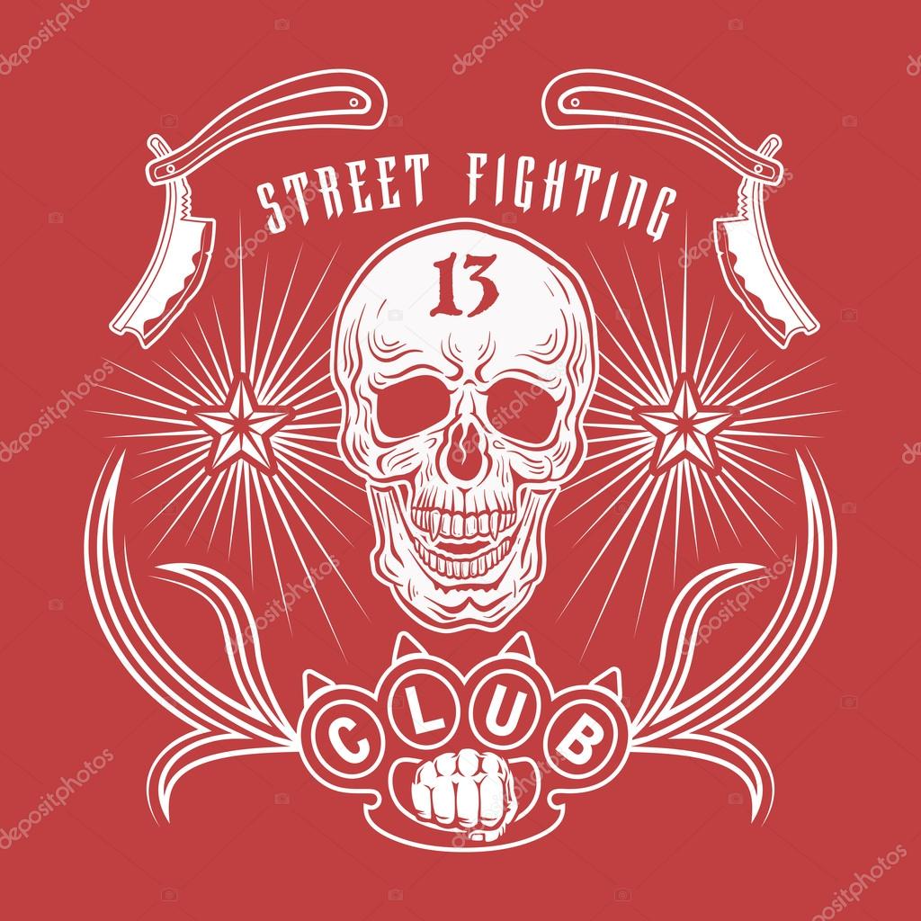 Vector illustration street fighting club emblem with skull, brass knuckles, razors, stars and inscription. 