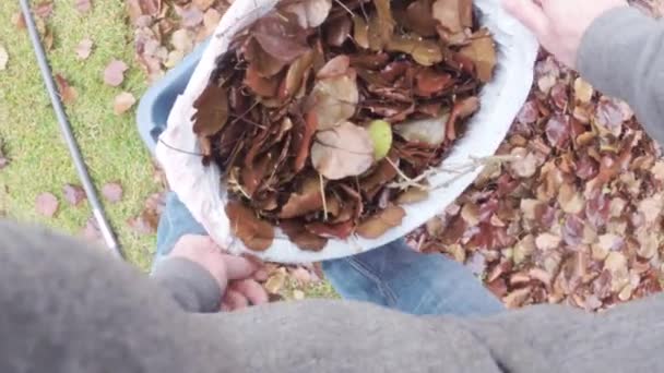 Podzimní listí v pytle na odpadky — Stock video