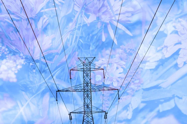 Double exposure high voltage power lines — Stock Photo, Image
