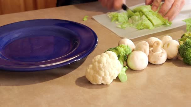 A saláta friss szeletelt zöldségek — Stock videók