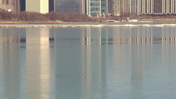 Chicago skyline reflexionando sobre el hielo — Vídeos de Stock